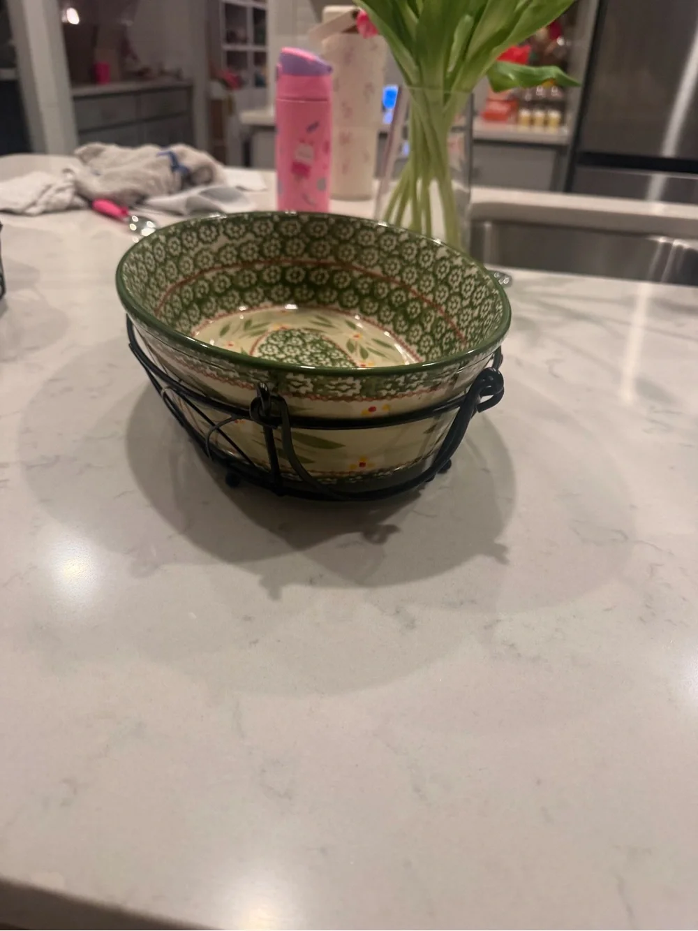 Hand-Painted Green Ceramic Serving Bowl with Wire Basket